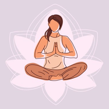 Lotus yoga afişi. Nilüfer pozisyonunda oturan kadın çiçek vektörü illüstrasyonunun arka planında meditasyon yapıyor. Yoga, meditasyon, rahatlama ve sağlıklı yaşam tarzı için illüstrasyon kavramı.