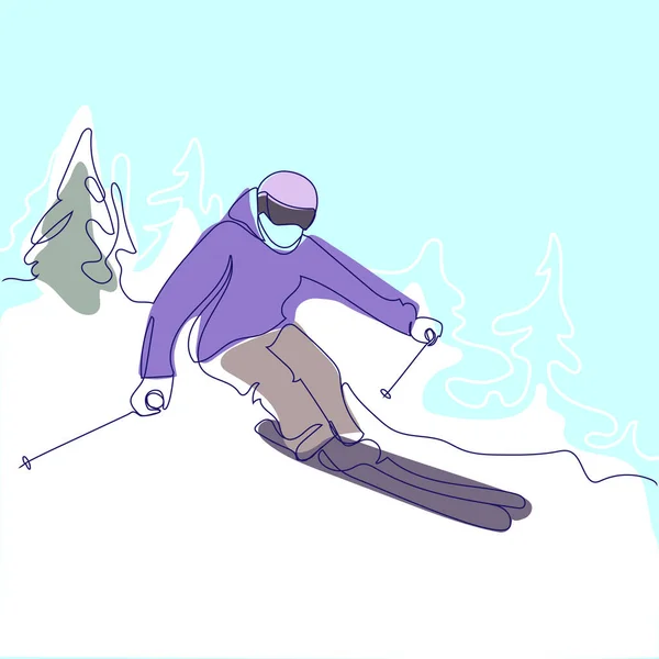 Kayakçı Dağ Yamacında Soyut Modern Çizgi Illüstrasyon Vektörü Posterinde Kayar — Stok Vektör