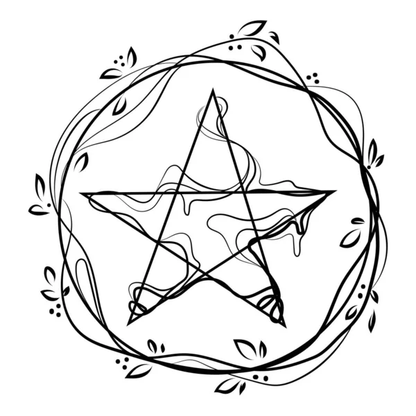 Dalları Yaprakları Olan Bir Dairede Beş Köşeli Yıldız Grafikli Pentagram — Stok Vektör