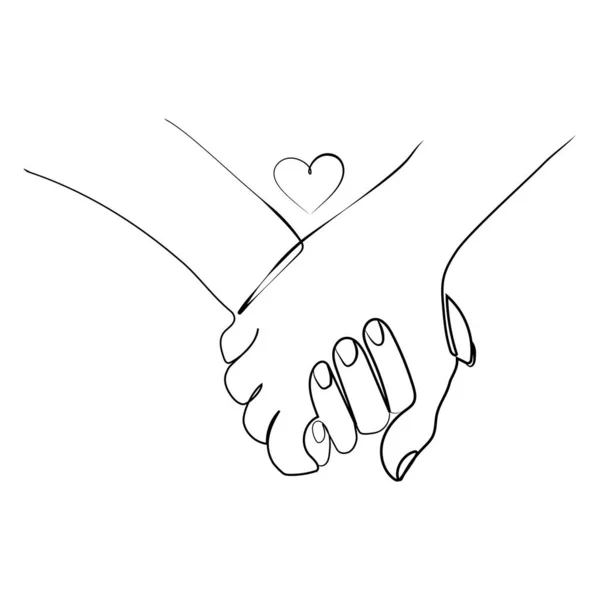 ハートライン図面ベクトルイラストで手を握ります 男性と女性のカップルが手を取り合うミニマルアートデザイン概要ドローイングスケッチ — ストックベクタ