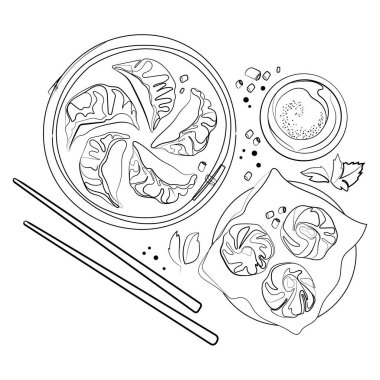 Çin yemekleri Dim Sum ve Gyoza bambu buharlı buharlı yemek çubukları vektör çizimi üst görünüm. Çin geleneksel yemekleri. Çin hamur köfteleri çizimi el çizimi.