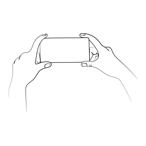 Hands Hold Phone Smartphone Blank Screen Sketch Drawing Liner Style — Διανυσματικό Αρχείο