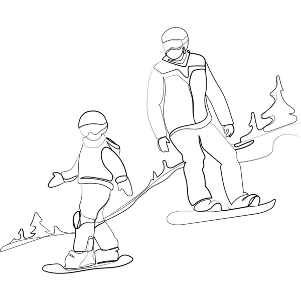 雪板の上の山の斜面に乗って子供と男のスノーボーダー簡単な線画ベクトルイラスト 山の中で父と息子が乗っています — ストックベクタ