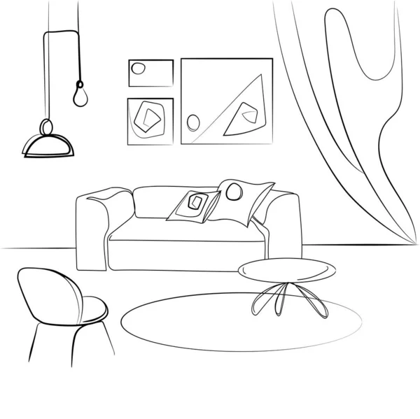 Interior Design Modern Living Room Sofa Armchair Abstract Paintings Wall — Stock Vector