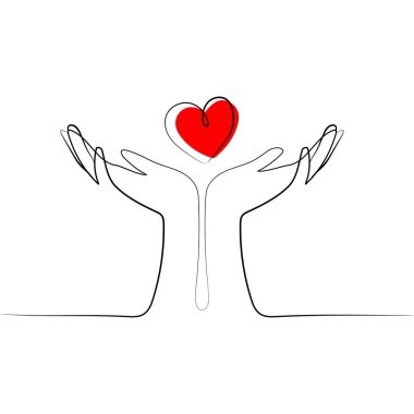 Kırmızı kalpli iki açık elle sürekli çizgi tasarım vektörü illüstrasyonu. upport, peace, care hand jest konsepti. Sevgililer günü tasarımı, kalbi iki elin arasındaydı.