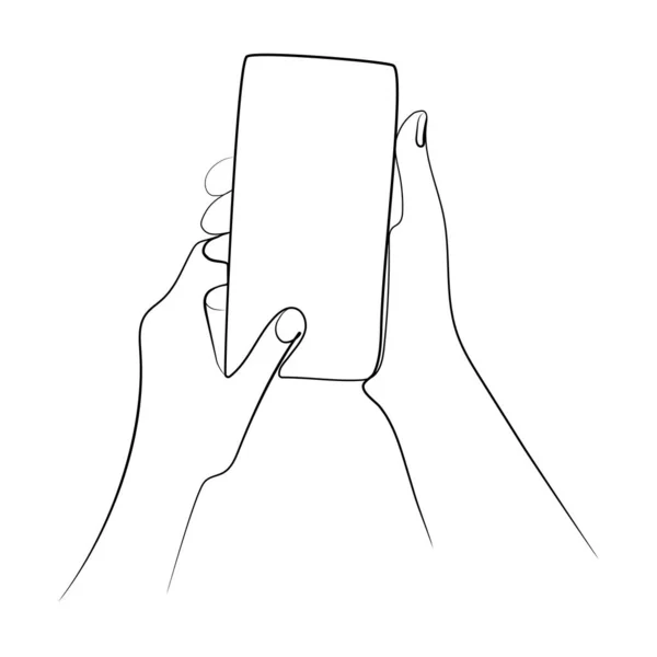 Mãos Usando Smartphone Linha Contínua Desenho Vetor Ilustração Mão Segurando — Vetor de Stock