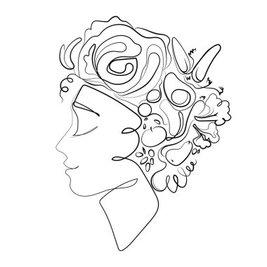 Vejetaryen ya da vejetaryen diyet kavramı. Kadın yüzü taze sebzelerle ve meyvelerle yüz yüze. Basit çizim vektörü. Taze organik gıda logosu, simge, amblem tasarım şablonu.