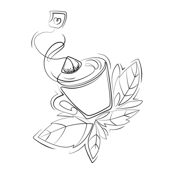 ティーバッグと茶葉のカップラインアートベクトルイラスト エンブレム ラベル プリント ステッカー ぬり絵 黒と白のスケッチのための創造的なアイデアの葉の茶のマグカップ — ストックベクタ