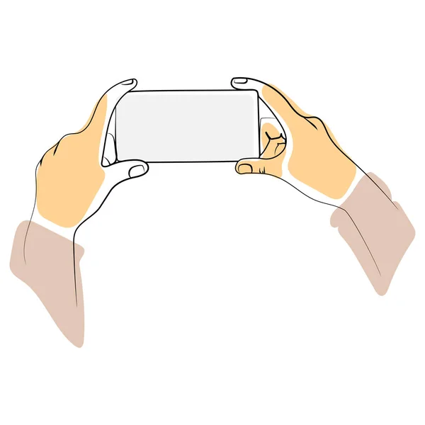 Zwei Hände Halten Smartphone Horizontal Mit Leerem Bildschirm Minimalistische Linienzeichnung — Stockvektor