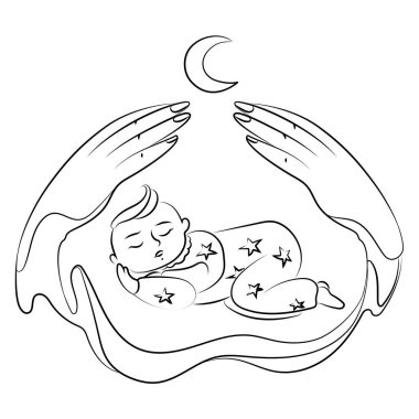 Bebeğin üzerinde annesinin elleri ve bir aylık çizim, amblem, logo şablonu basit doğrusal vektör grafikleri. Çocuk bakımı, annelik ve çocuk doğurma kavramı. Yazı, dövme, selamlama.