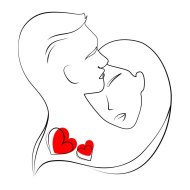 Bir Çizgi Sanat Çifti. Çizgi Sanat Adamı ve Kalbi olan kadın, Minimal Face vektör çizimi. Sevgililer Günü konsepti.