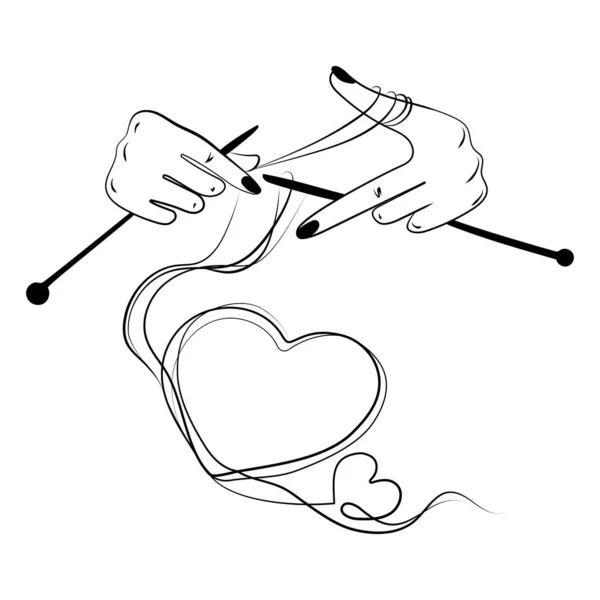 手と編み物針ニットハートラインアート抽象的な図面ベクトルグラフィック白い背景に ロマンチックなポスター タトゥー プリントのための創造的なアイデア — ストックベクタ