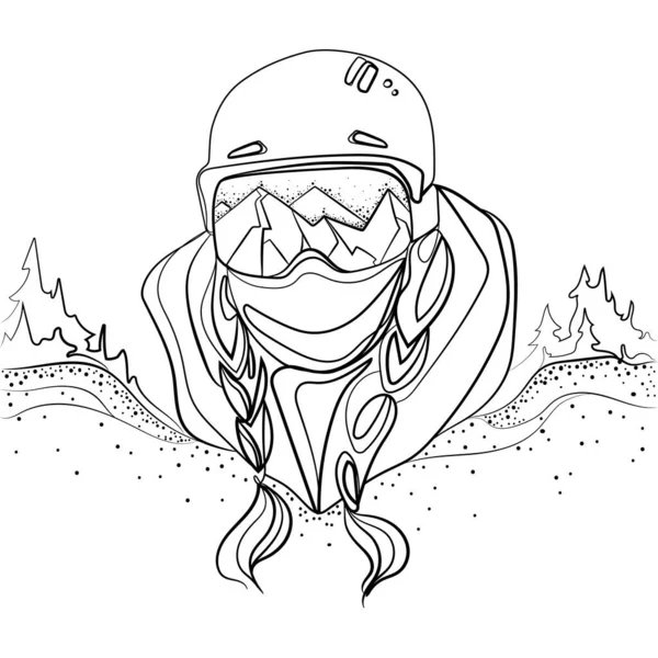 山やスキー場やヘルメットの反射とスキーやスノーボードのゴーグルを身に着けている女性の肖像画ラインアートのロゴ エンブレム ポスター 印刷テンプレートベクトルイラスト — ストックベクタ