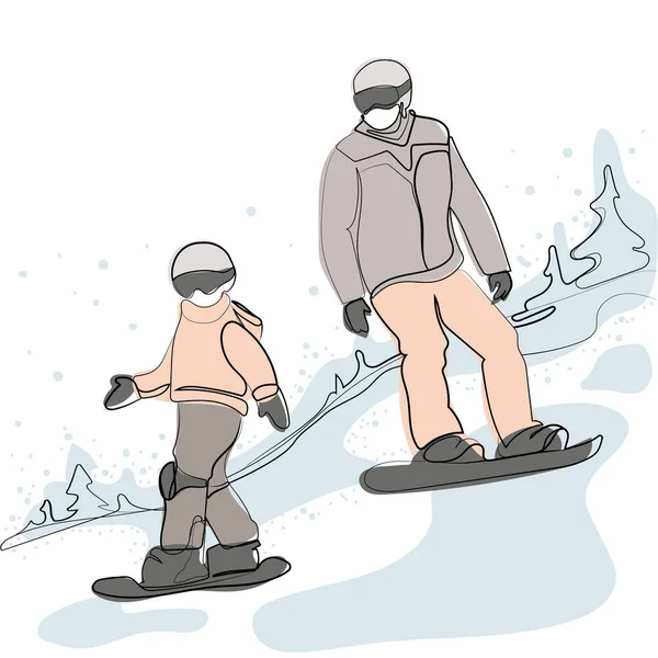Dos Personas Tablas Snowboard Cabalgan Sobre Colinas Montaña Dibujo Mínimo — Vector de stock