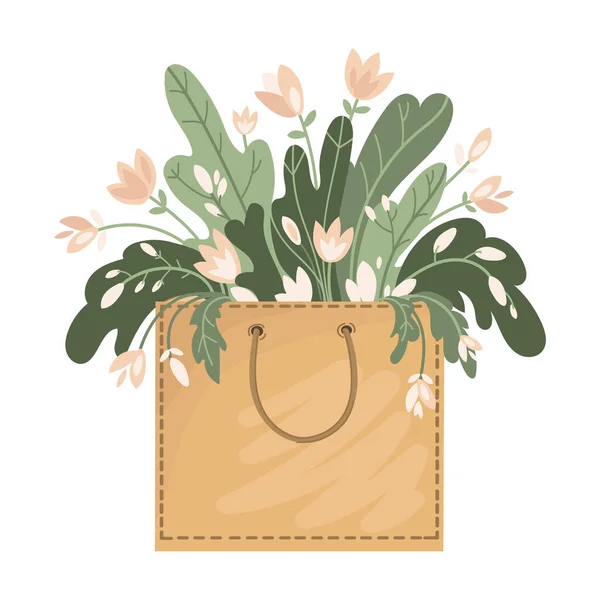 Craft Paper Bag Gefüllt Mit Blumen Blättern Und Zweigen Zeichnung — Stockvektor