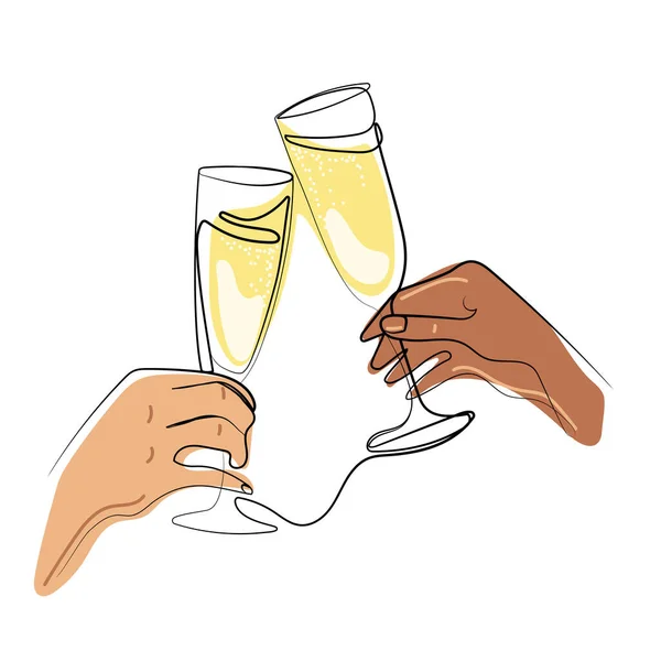 ワインベクトルイラストのグラスで応援する両手 手押しのホリデードリンク 連続線画 お祝いのミニマリズム線形概念 — ストックベクタ
