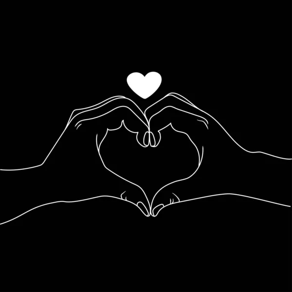 ハートサインを作る両手黒の背景ベクトルイラストにミニマルアートの白線画 バレンタインデーのコンセプト ポスター アイコンのためのハート形の手のロマンチックなデザイン要素のペア — ストックベクタ
