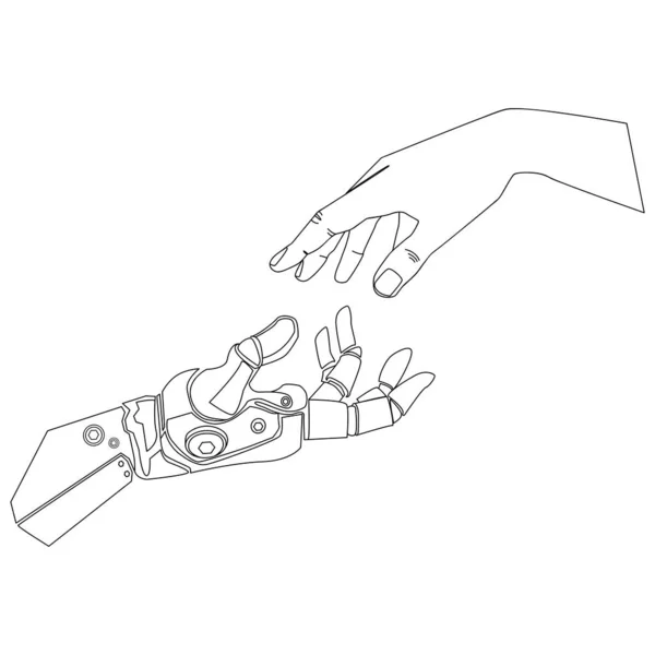 バイオニックロボットの手と人間の手のタッチ指ロゴ エンブレム プリント ポスターテンプレート ベクトルイラストのためのラインアート図面 人工知能の概念 バイオニックアームスケッチライナーのデザイン — ストックベクタ
