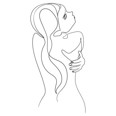 Bir satırlık moda kadın arka görüş vektör çizimi. Kız tekstil, poster, kart, tişört için sürekli kendine sarılıyor. Kadın moda illüstrasyonunun çizimi..