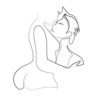 Tutkulu, şehvetli bir şekilde öpüşen kadın ve erkek arasında bir çizgi. Öpüşme vektörü çizimi. Moda baskısı. Sevgililer Günü Minimalist Modern Çizim.