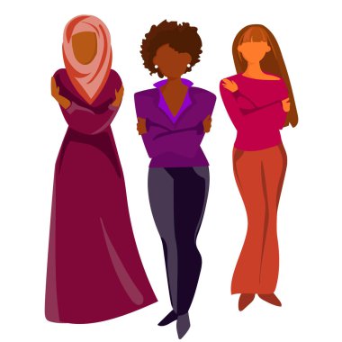 Embrace Equity concept.Three women of different nationality African American,European and Muslim woman embrace themselves vector illustration.Group of diverse women,Activism concept self love.IWD.