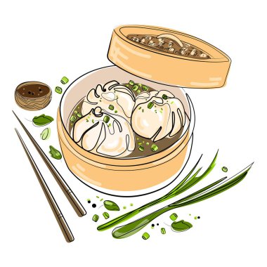 Chinese Dim Sum dumplings in wooden steamer Vector color liner illustration isolated on white background.Asian traditional food dumplings logo,banner,poster,emblem template.Chinese meals menu concept