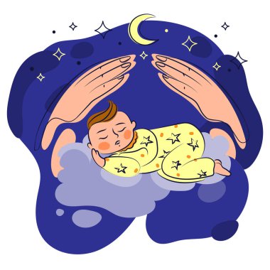 Cute sleeping baby in pajamas on clouds with mothers hands above him against a blue sky with moon and stars vector cartoon illustration.Emblem for products for children.Care for the child.