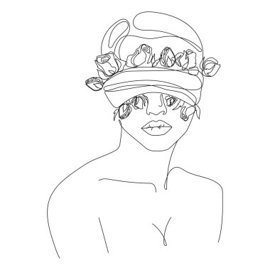 Abstract line woman face with blindfold and flowers roses.Surreal girl fashion illustration.Logo,icon, label.Vector Portrait of a female,Minimalist drawing.Beauty Concept,t-Shirt Print,postcard,poster