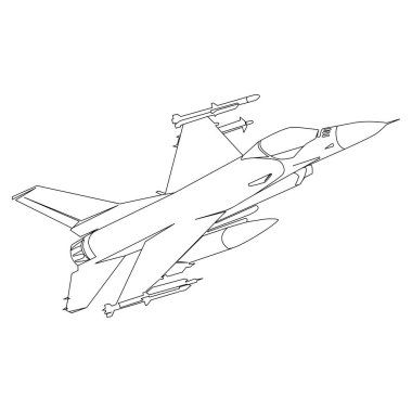 Air Force F-16 Fighting Falcon fighter jet Line art drawing,outline vector illustration isolated on white background.Modern combat aviation poster,print,emblem,black and white sketch