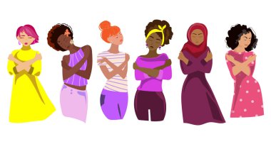 International Women's Day 2023,Embrace Equity concept.Group of women of different nationality and skin color hugging their shoulders.Diverse women hugging herself vector illustration