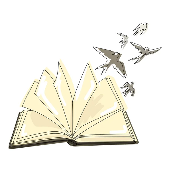 Open Book Bird Flying Line Art Drawing Isolated White Background — Vetor de Stock