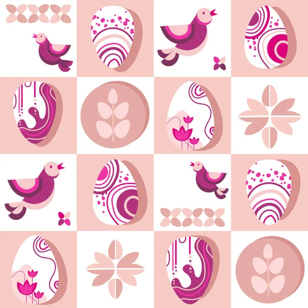 Modern Geometric Abstract Style Easter Illustration Eggs Birds Floral Pattern Gráficos vectoriales