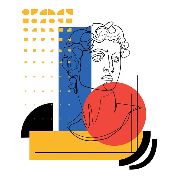 バウハウスのイラスト 線画幾何学的な抽象的な形状を持つミケランジェロ デイヴィッド バストベクトル グラフィックス審美的な現代アートのコラージュバウハウスのスタイルのポスターコンセプト ルネサンスデビッド彫刻 — ストックベクタ
