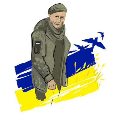 Ukrayna ordusunun askeri Ukrayna 'ya son kez zafer dileyen Vektör illüstrasyonu. Bayrağın arka planında uçan kuşlar ve buğday başaklarıyla Ukrayna' nın eski askeri.