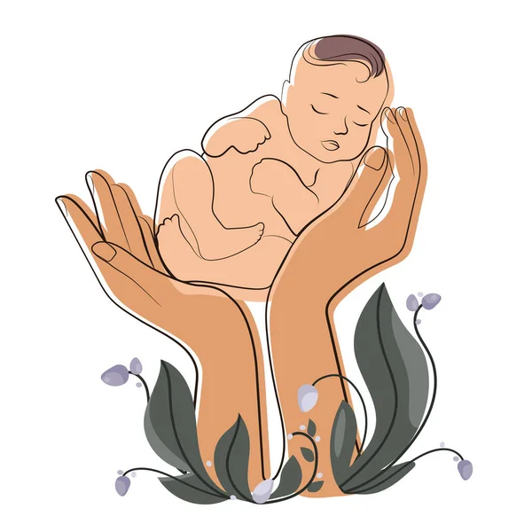 Bebé Recién Nacido Manos Femeninas Madre Partera Línea Vectorial Ilustración — Archivo Imágenes Vectoriales