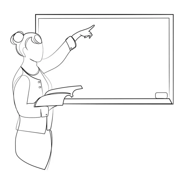 Female Teacher Open Book Her Hand Points Finger Chalk Board — Stock Vector