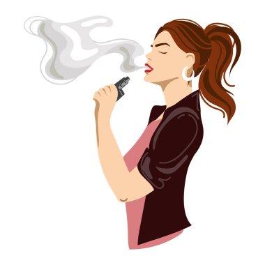 Genç seksi kadın sigara içiyor, e-sigara içiyor, Vector illüstrasyonu beyaz arka planda izole edilmiş. Modern kız tüttürüyor ve ağzından buhar çıkarıyor. Yeni moda buhar cihazı.