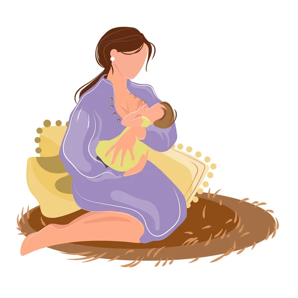 Mujer Joven Madre Amamanta Bebé Recién Nacido Sentado Casa Alfombra Ilustraciones de stock libres de derechos