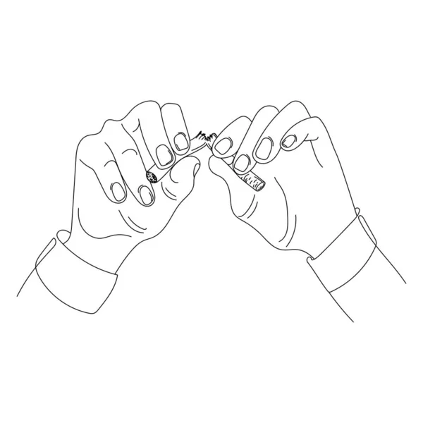 Menselijke Handen Breken Een Sigaret Lijn Kunst Tekening Vector Illustratie — Stockvector