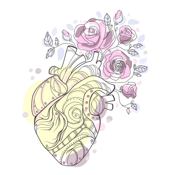 Coração Humano Anatômico Mecânico Com Flores Rosas Linha Arte Desenho — Vetor de Stock