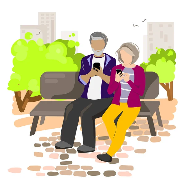 高齢者は屋外でガジェットを使用します 進歩的な祖父母 インターネットを使用して現代の高齢者 フラットスタイルで公園のベクトルイラストでベンチに座って携帯電話 — ストックベクタ