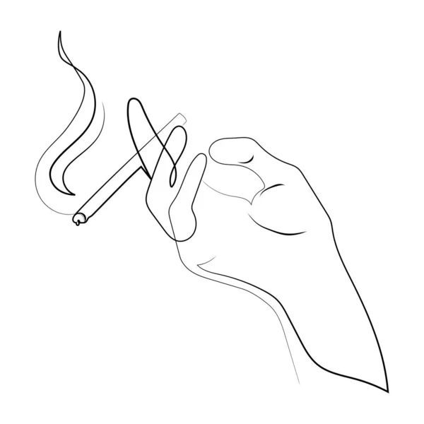 Cigarro Com Fumaça Mão Humana Uma Linha Desenho Vetor Ilustração — Vetor de Stock