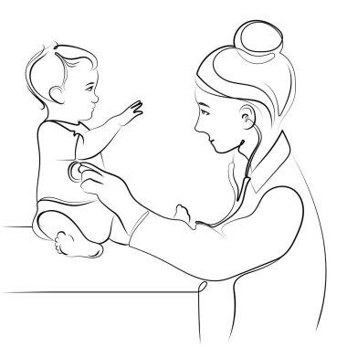 Steteskoplu bir kadın doktor, yürümeye yeni başlayan bir çizim çizimi çiziyor. Çocuk doktoru küçük hasta çocuğunu muayene ediyor. Çocuklar check-up için doktora gidiyor. Çocuk bakımı, sağlık kontrolü..