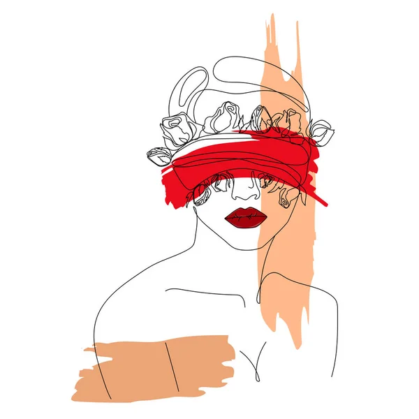 バラの花や包帯の目と赤い唇ベクトルのイラストを持つ女性の顔 シュールなファッション図面ラインアート図面 — ストックベクタ
