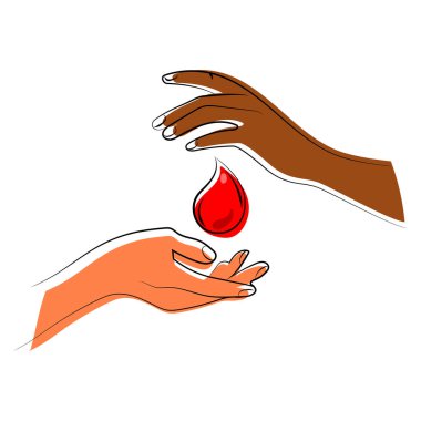Bir damla kan ile iki el Dünya kan bağışlama günü konsepti vektör illüstrasyonu. İki farklı deri rengi, ortasında bir damla kan olan Afro-Amerikan ve Kafkasyalı..