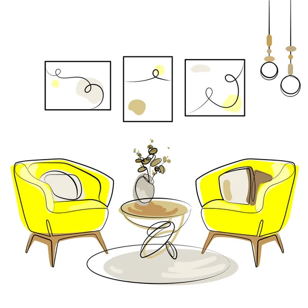 现代室内设计 墙壁上有两张扶手椅和抽象画 有时髦花瓶的咖啡桌和时尚灯具草图矢量图 简约主义风格的现代家具设计 — 图库矢量图片