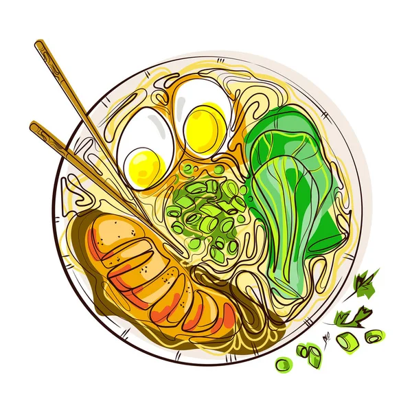 Цветной Рисунок Азиатской Кухни Куриным Супом Мисо Лапшой Овощами Миске — стоковый вектор