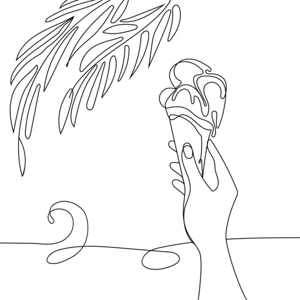 Ruka Drží Zmrzlinu Kužel Pozadí Moře Palmové Listy Line Art — Stockový vektor