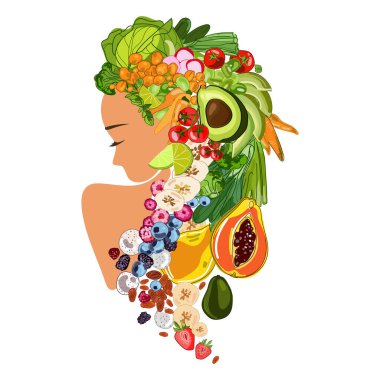 Kafasında meyve sebze ve böğürtlen olan sağlıklı genç kadın portresi. Vejetaryenlik ve vejetaryenlik kavramı. Temiz yemek ve sağlıklı yaşam tarzı. Vegan kız logosu, amblemi, parmak izi tasarımı.