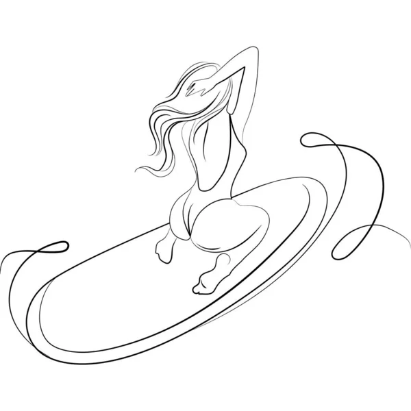 Девушка Серфингистка Купальнике Сидящая Доске Серфинга Иллюстрация Вектора Художественной Линии — стоковый вектор